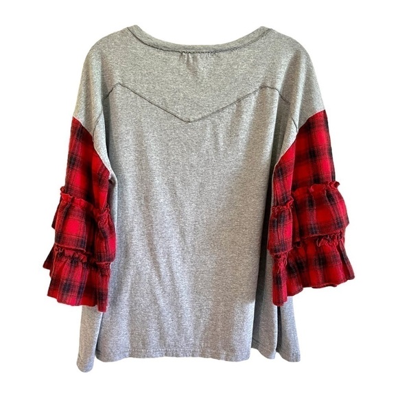 KYE MI, WOMENS,FULL,GREY TOP WITH RED& BLACK PLAID, 2 TIER RUFFLE SLEEVES.SIZE L - Picture 4 of 6